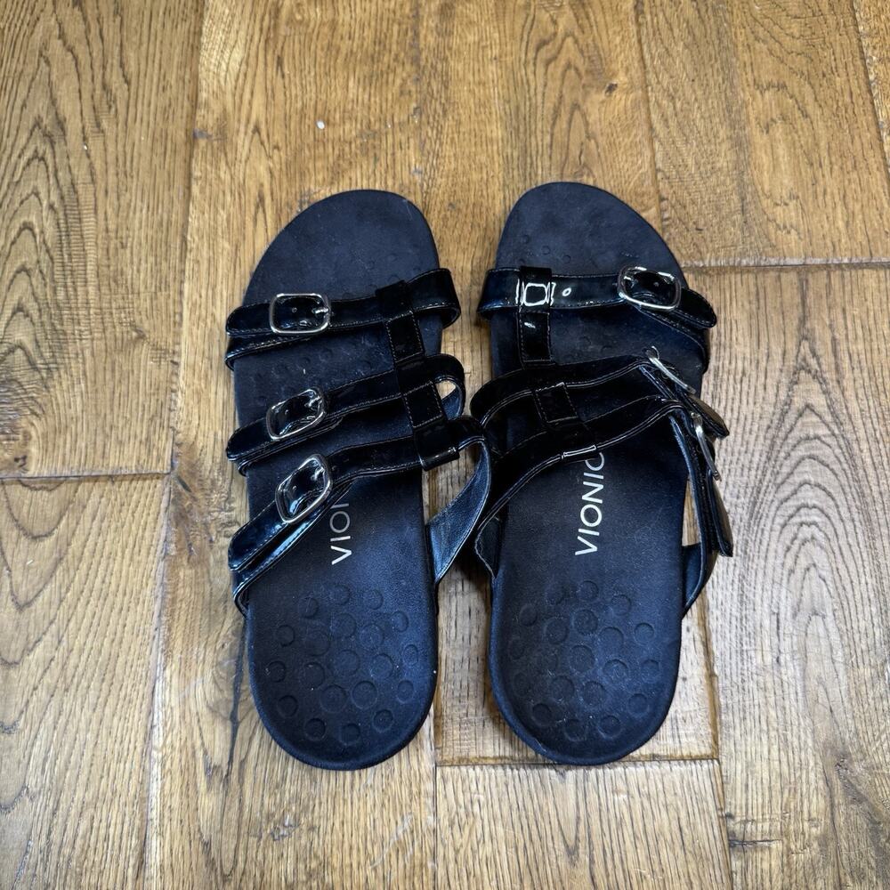 Vionic Misa Sandals US 8 Black Patent Leather 3 Strap Orthaheel Women’s Comfort - Picture 4 of 5